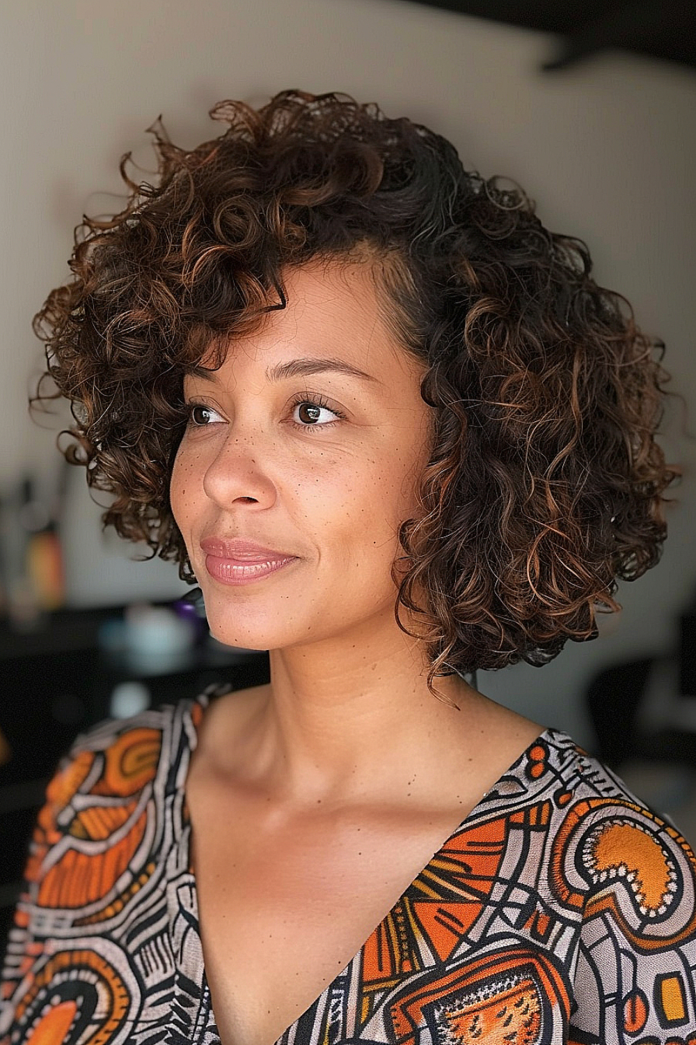 Natural curly bob with side-swept curly bangs