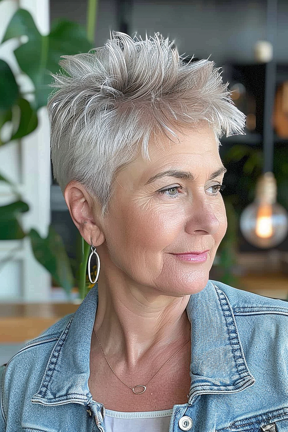 Natural grey spiky pixie cut on a woman over 50