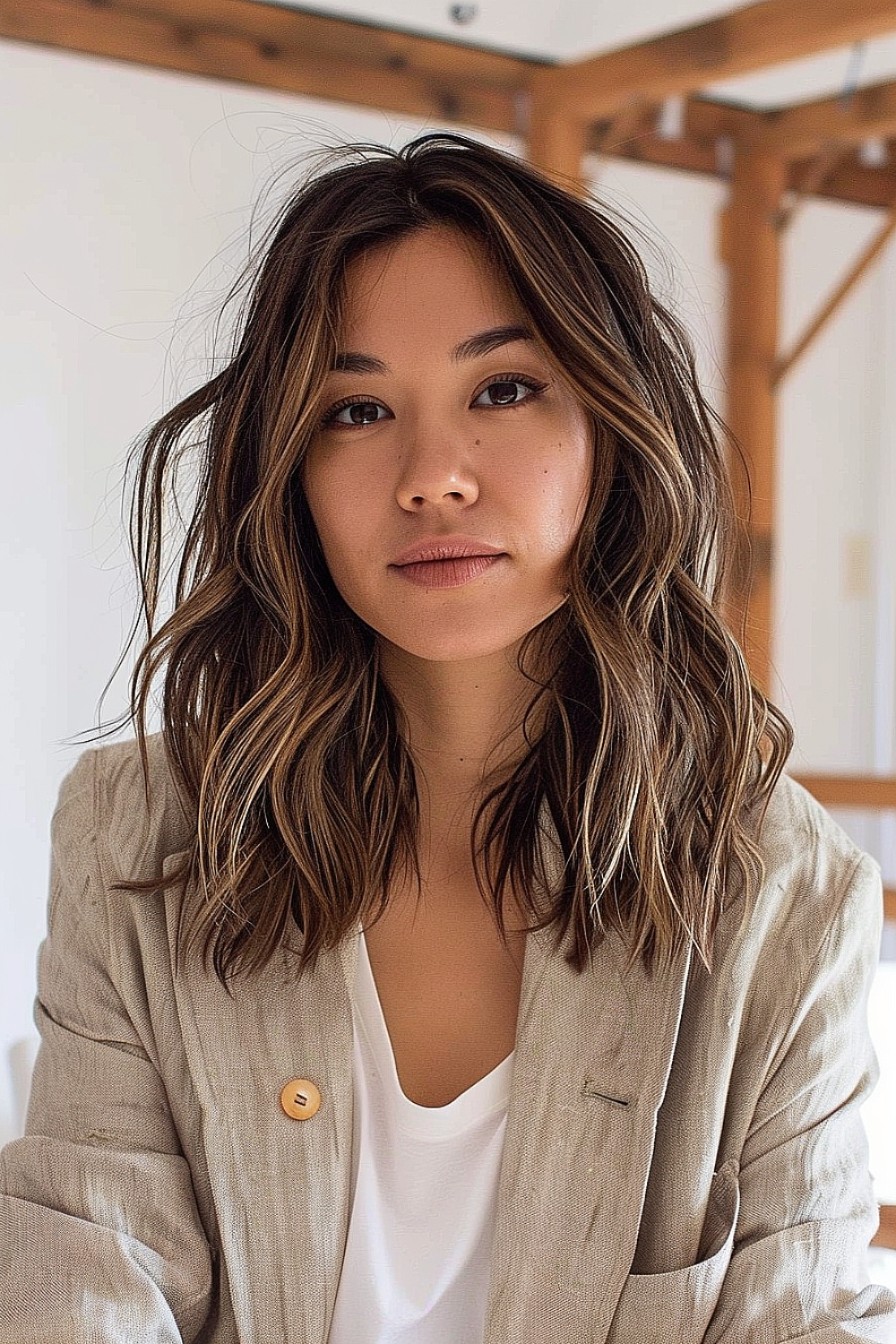 Medium-length hair with natural-looking beach waves and warm highlights