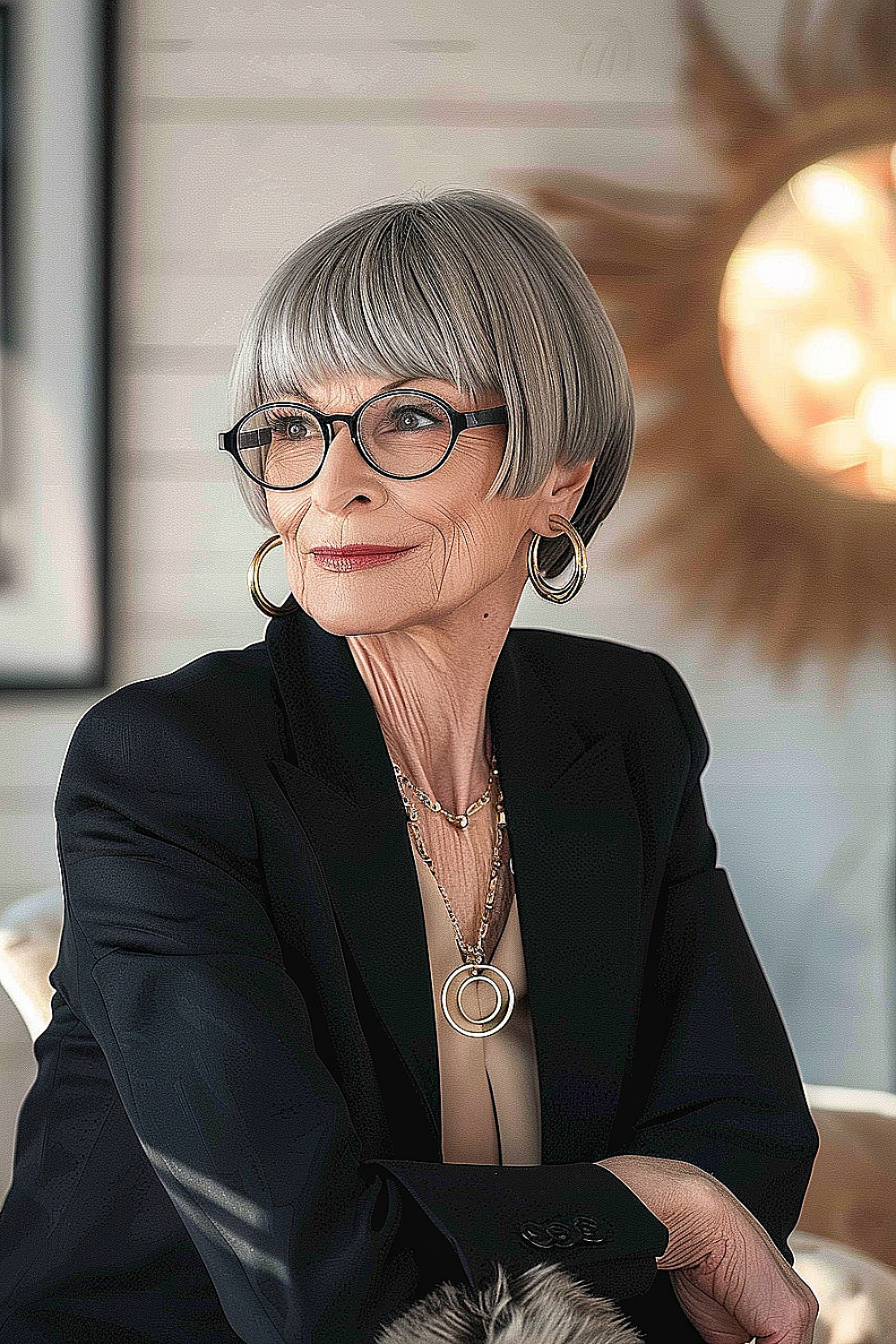 A woman with a neat crop hairstyle and curved bangs