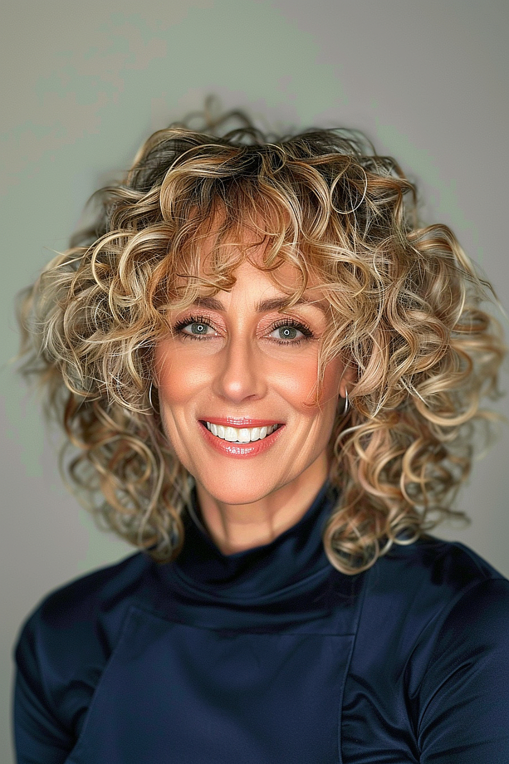 Woman with neck-length curly bob featuring honey-blonde highlights for added volume