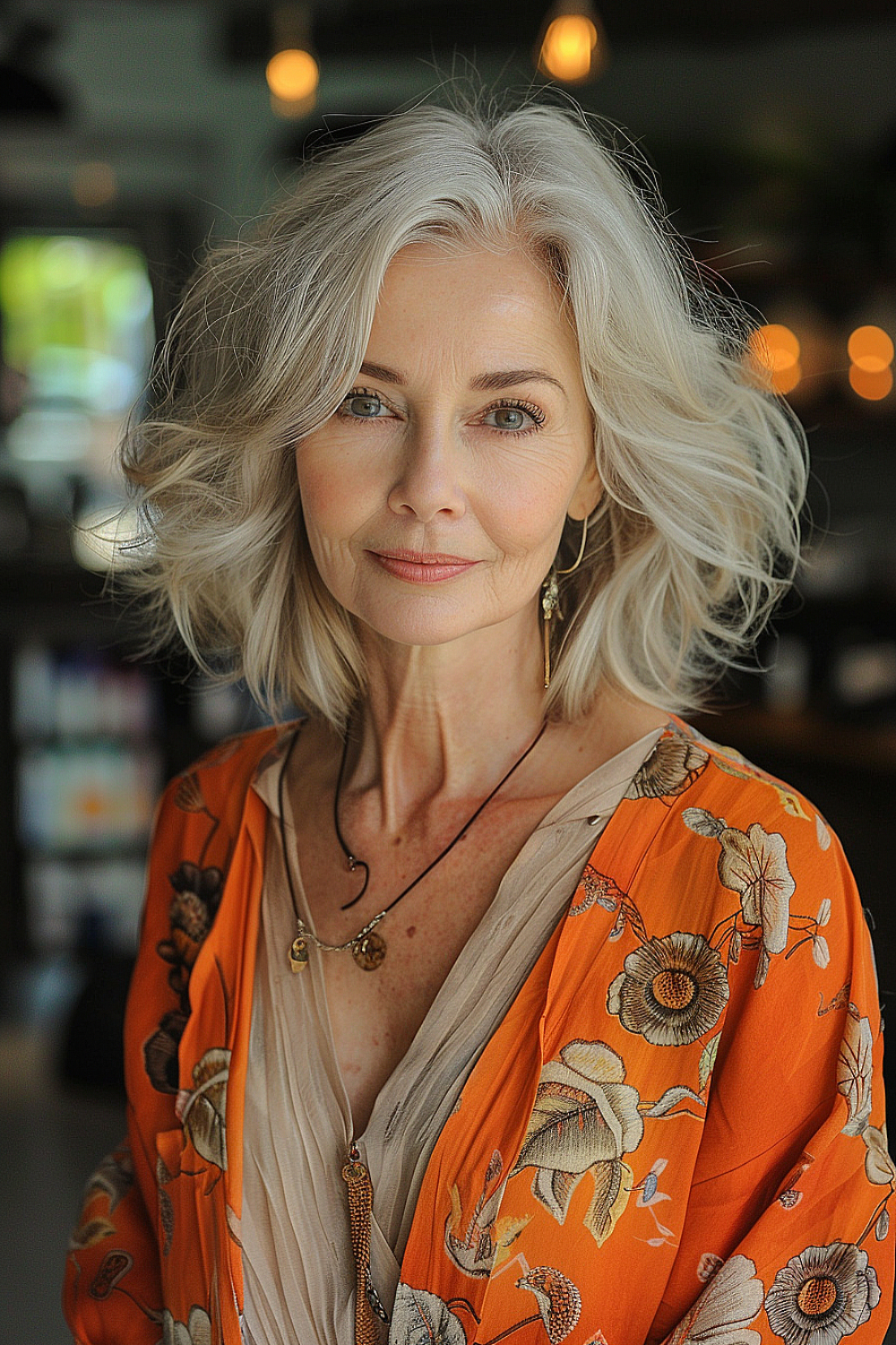 Senior woman with fine hair and a neck-length layered bob cut with soft bangs in a silver hue