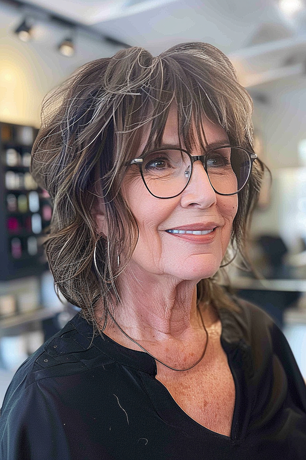 Woman with neck-length shag haircut featuring wispy ends and glasses