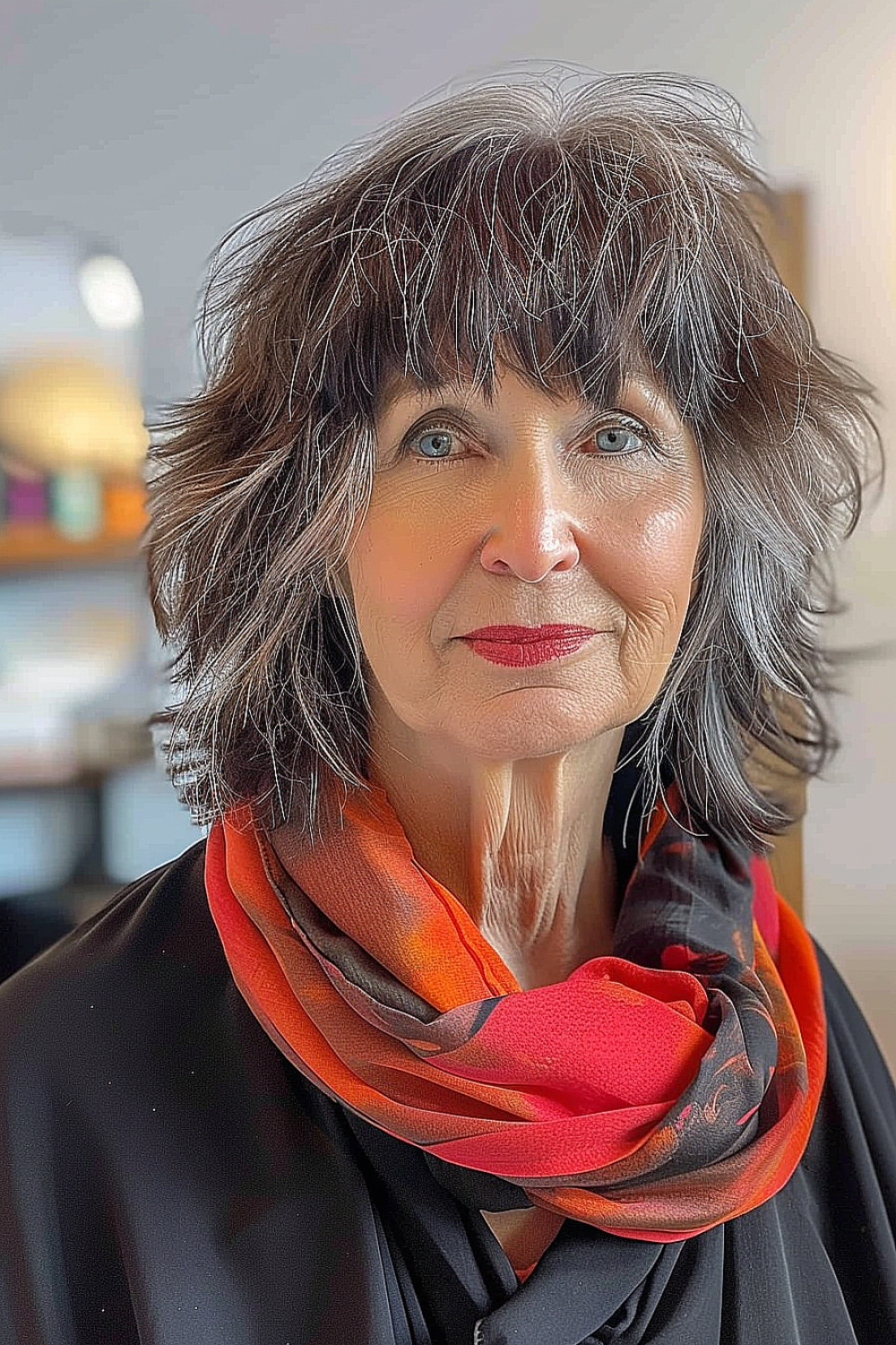 Woman with a neck-length shaggy bob with wispy bangs