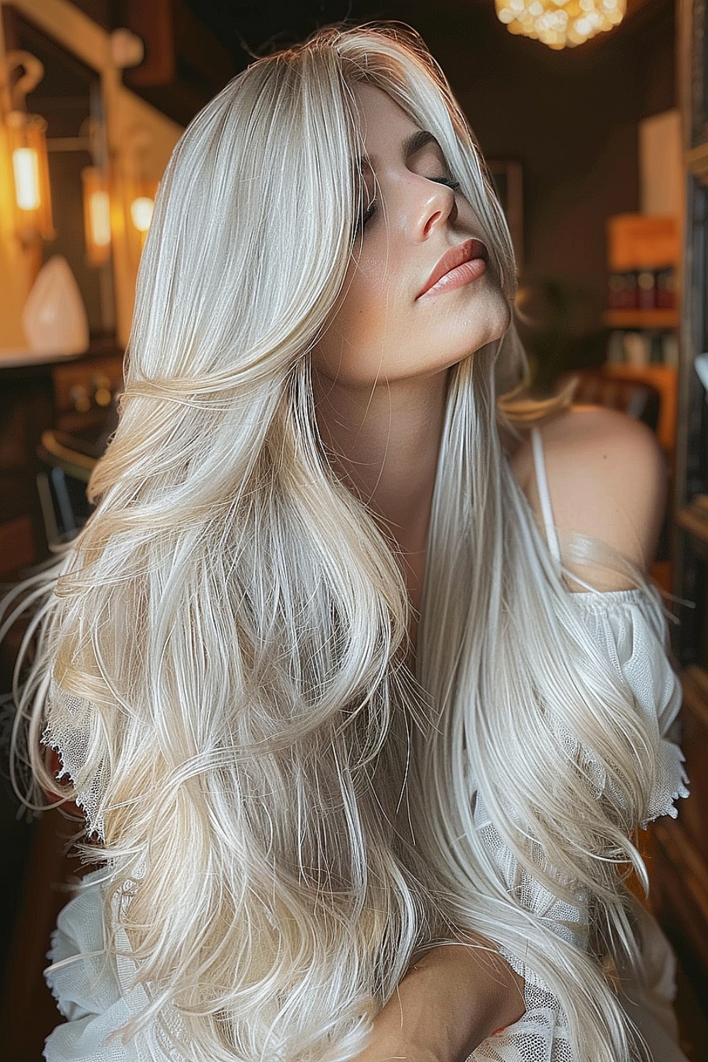 Woman with pearl blonde hair and feathered layers