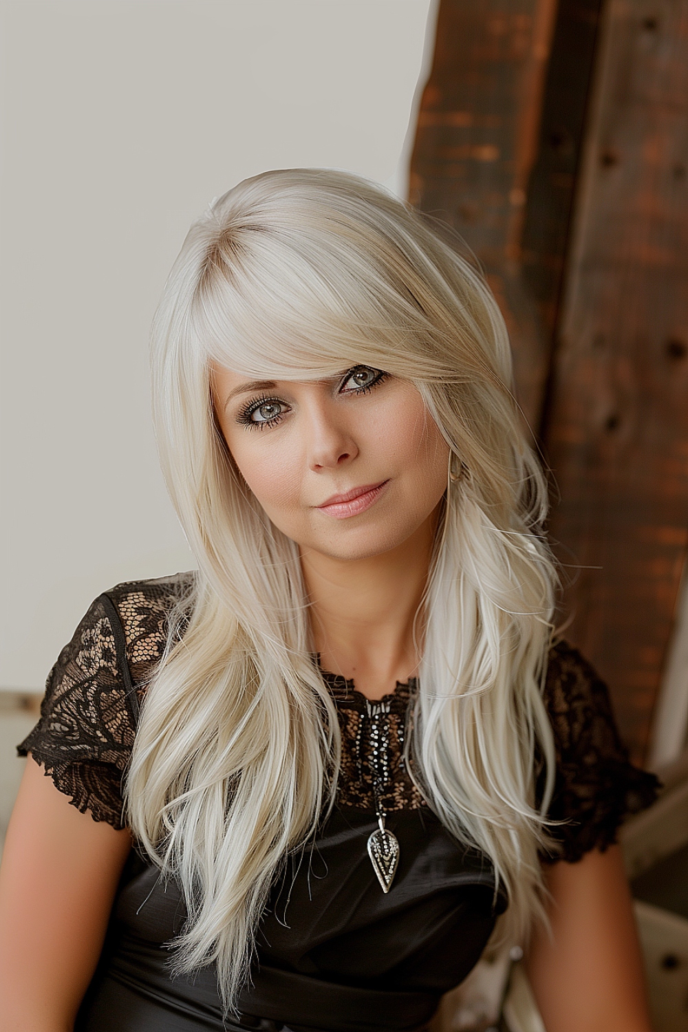 Woman with pearl blonde hair and side-swept bangs