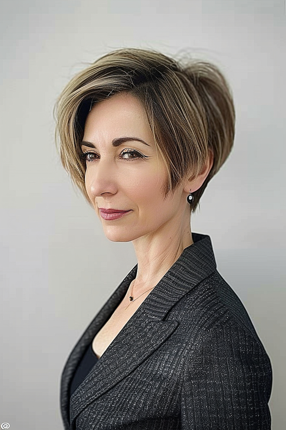 Woman with a sleek pixie-bob hybrid haircut featuring a tapered back and rich brown tones.