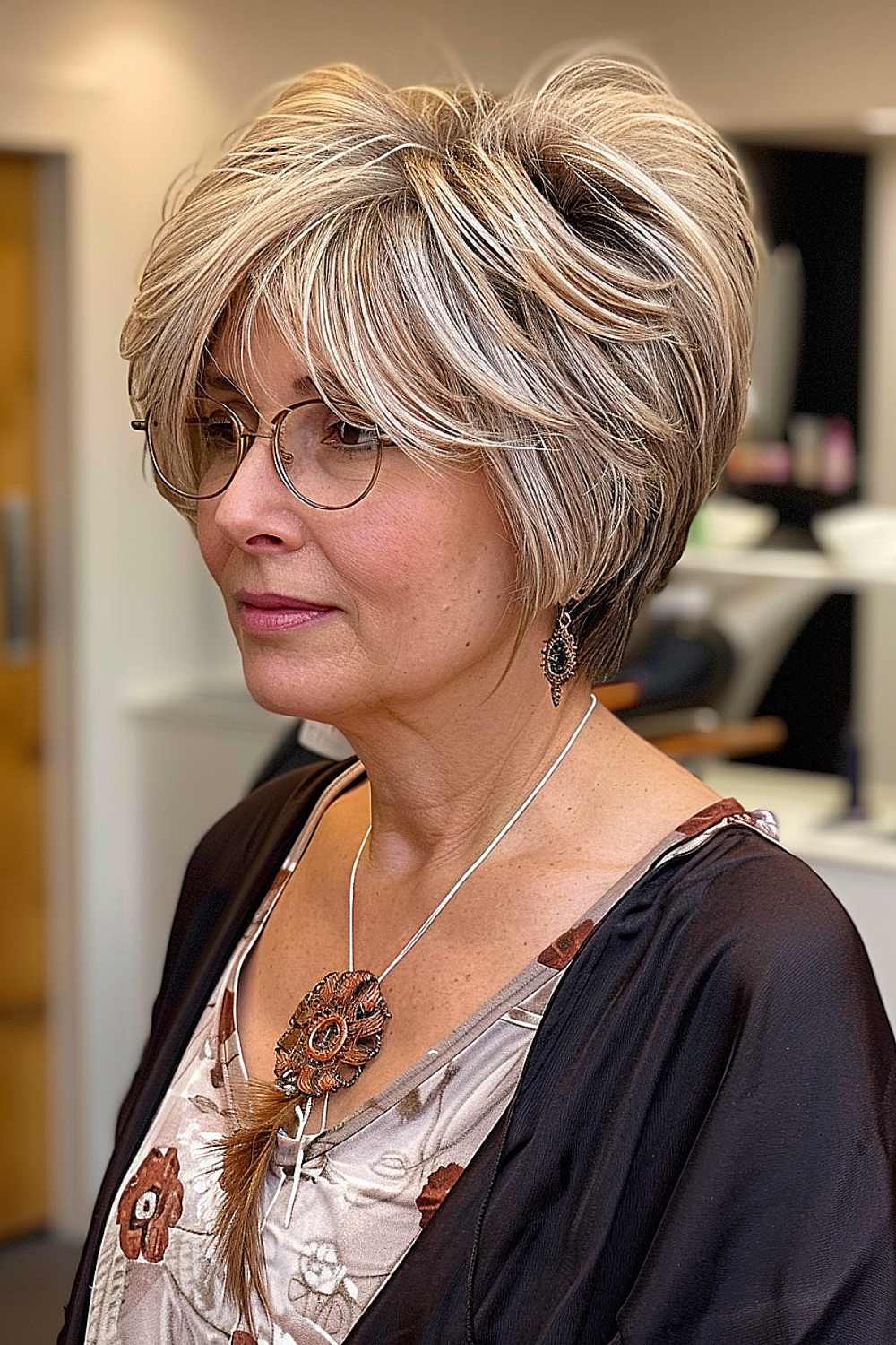 Woman with a layered pixie-bob haircut and sun-kissed highlights