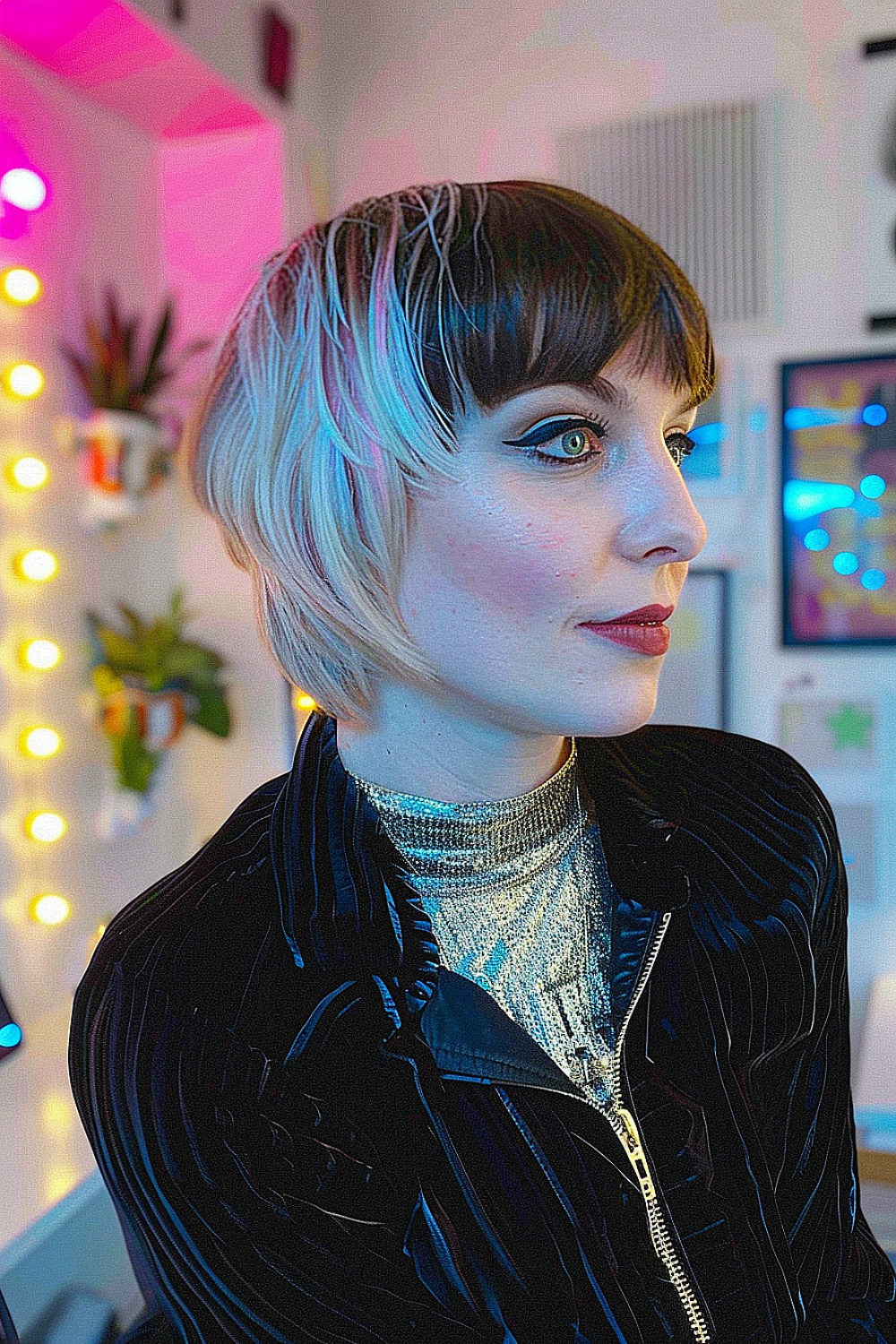 Woman with a pixie-bob hairstyle and edgy bangs, featuring dark roots and platinum tips