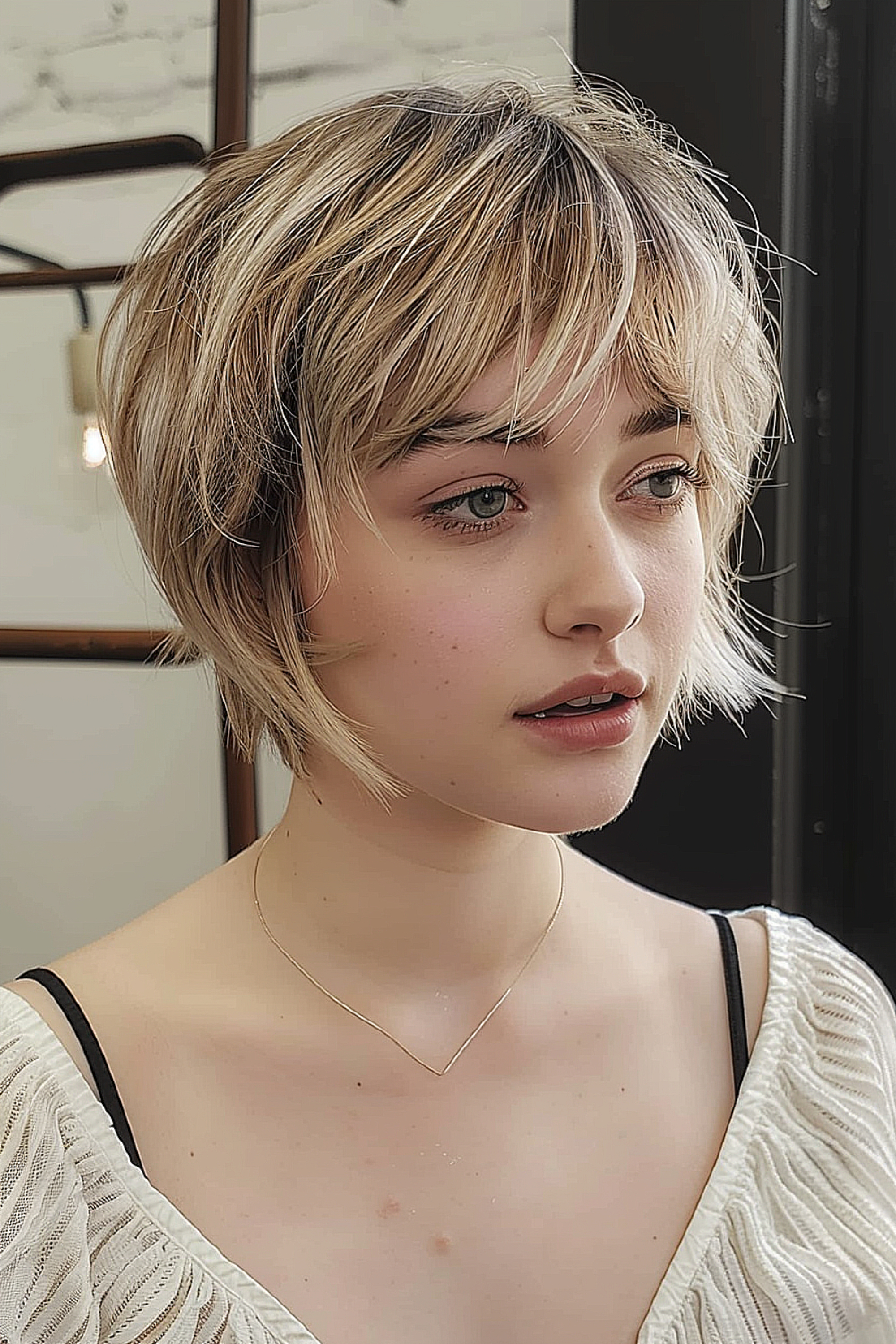 Woman with a textured pixie bob and soft bangs in honey blonde and light brown tones