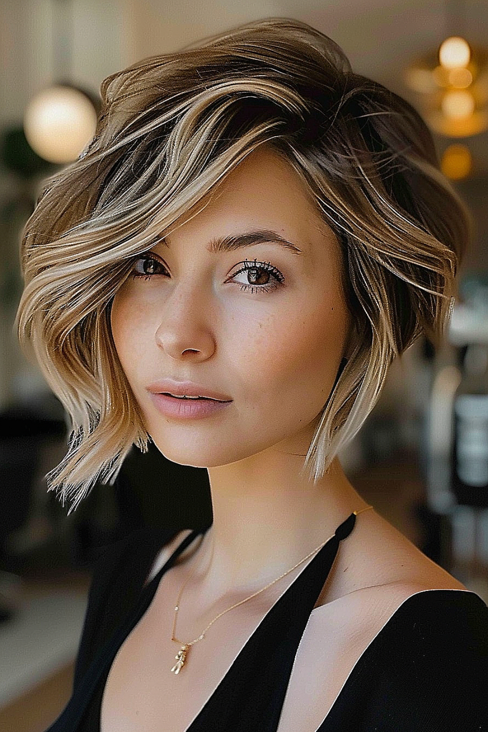 A woman with a pixie bob featuring textured layers and sun-kissed highlights