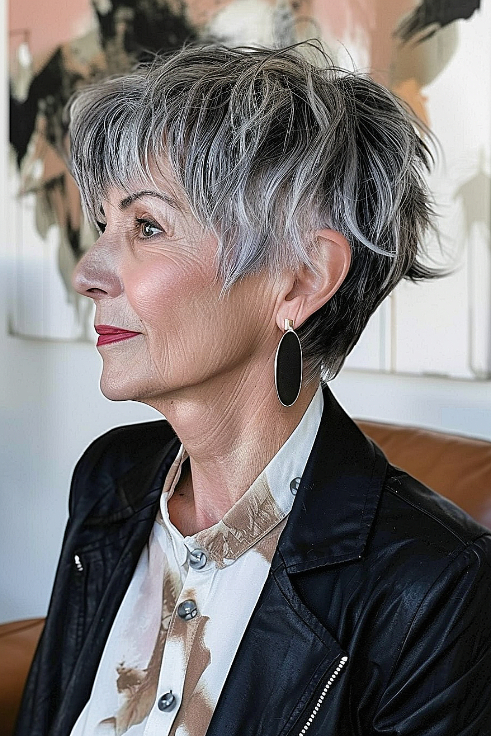 Senior woman with a pixie cut, detailed sideburns, and chic silver streaks