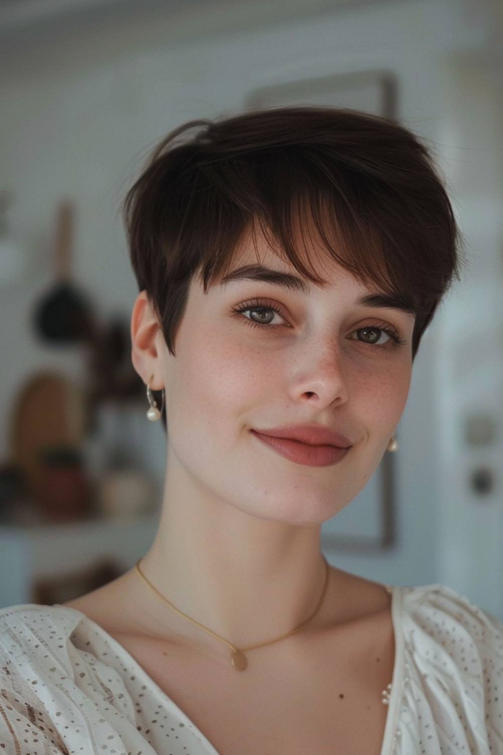 Pixie cut with feminine bangs