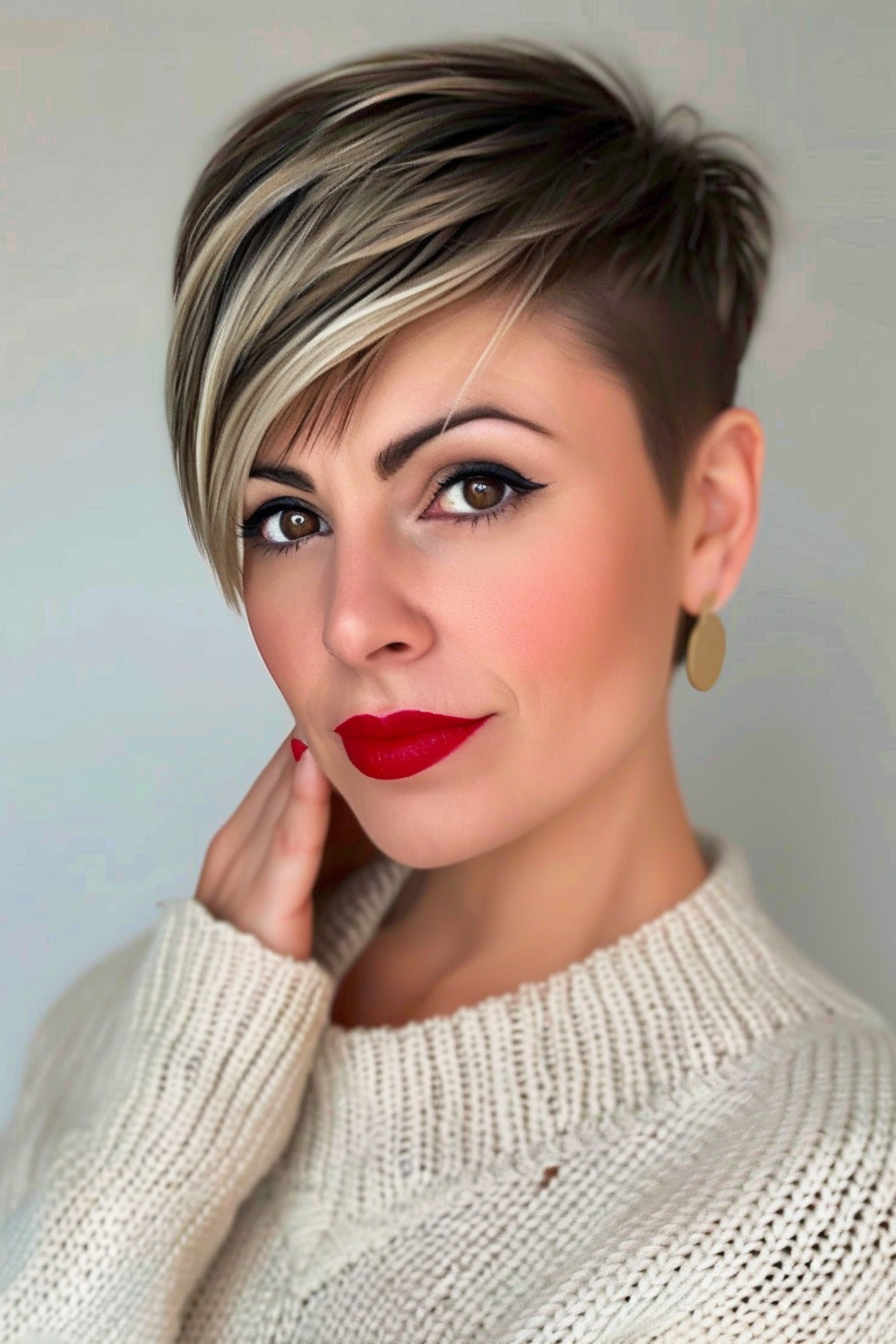 Pixie cut with long bangs for moms