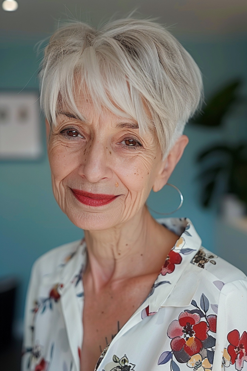 Pixie cut with long fringe for older women