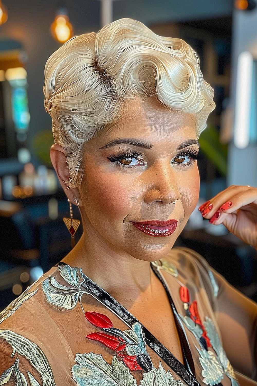 Woman with a pixie cut featuring sculptural waves.