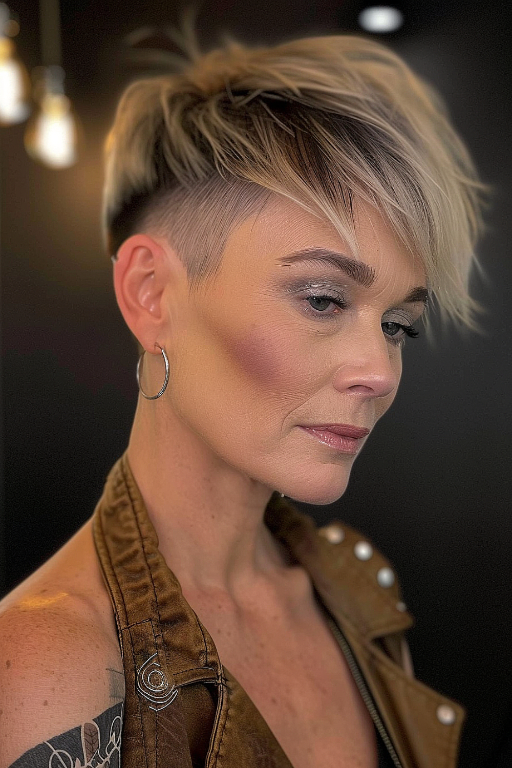 Woman with a modern pixie undercut and styled bangs featuring a color gradient from dark roots to light tips