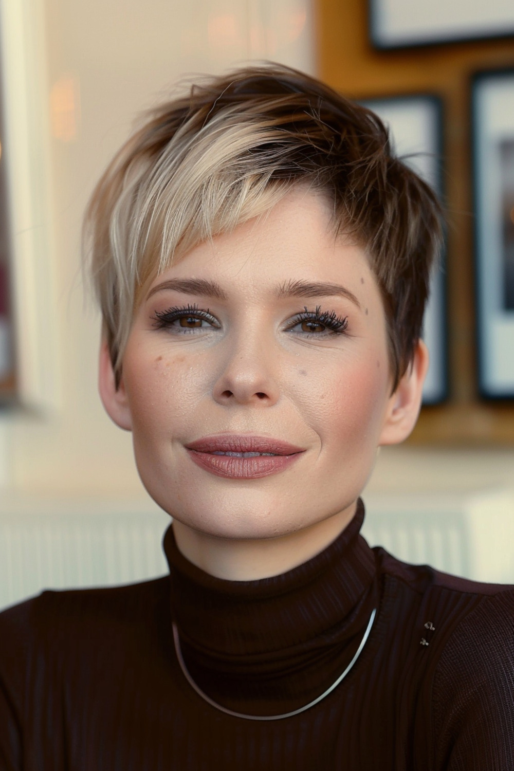 Pixie haircut with angled bangs