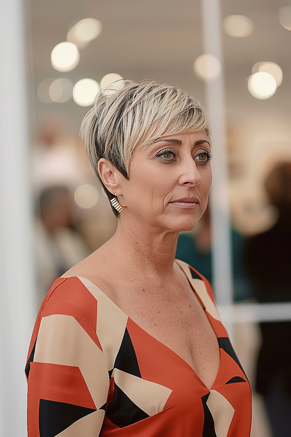 Pixie cut with angular bangs and blonde highlights on a woman over 50