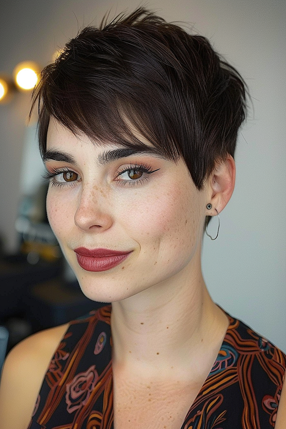 Pixie with bold asymmetrical bangs