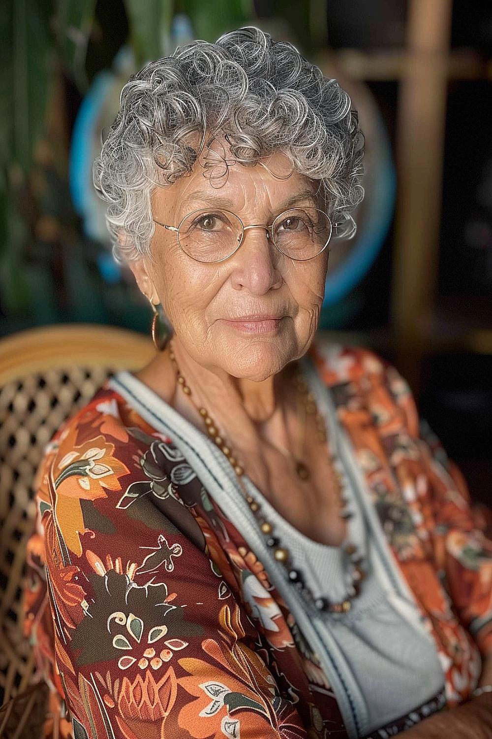 Pixie cut with defined curls in textured grey hair