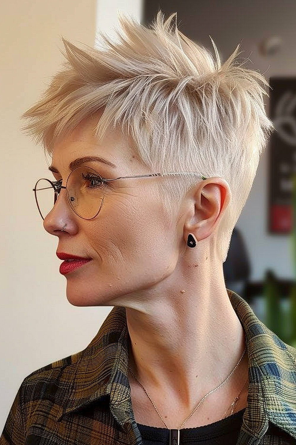 Side view of a woman with a pixie cut and defined piece-y layers