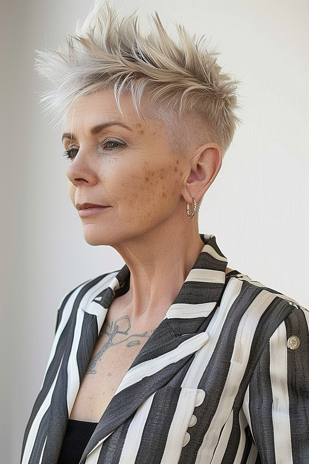 Woman with a bold pixie haircut featuring dramatic top volume, precision-tapered sides, and ash blonde coloring.