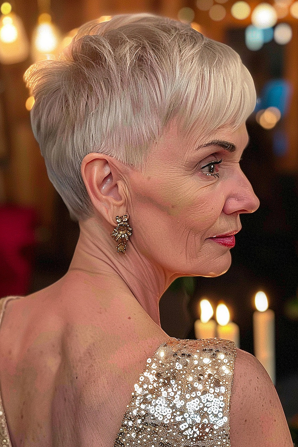 Elderly woman with a sleek pixie haircut featuring a sculpted back in platinum blonde