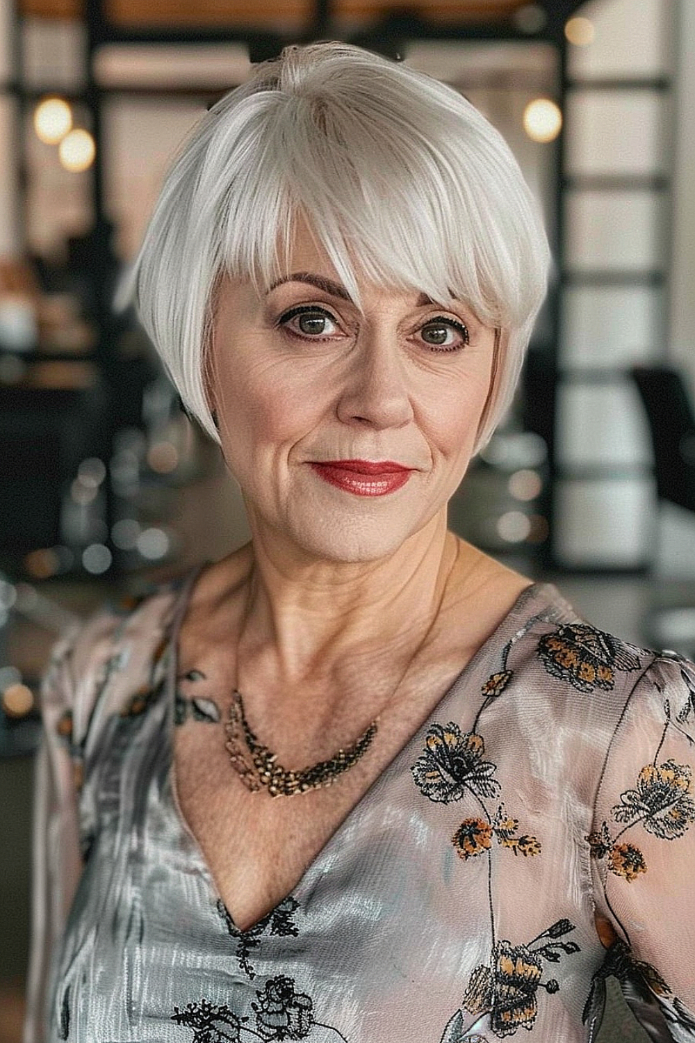 Woman over 50 with an elegant platinum blonde bixie haircut