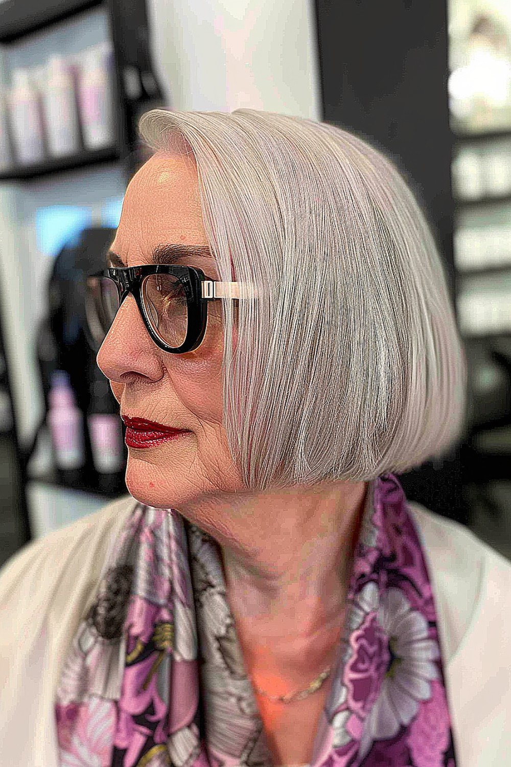 Platinum blonde blunt bob for women over 50