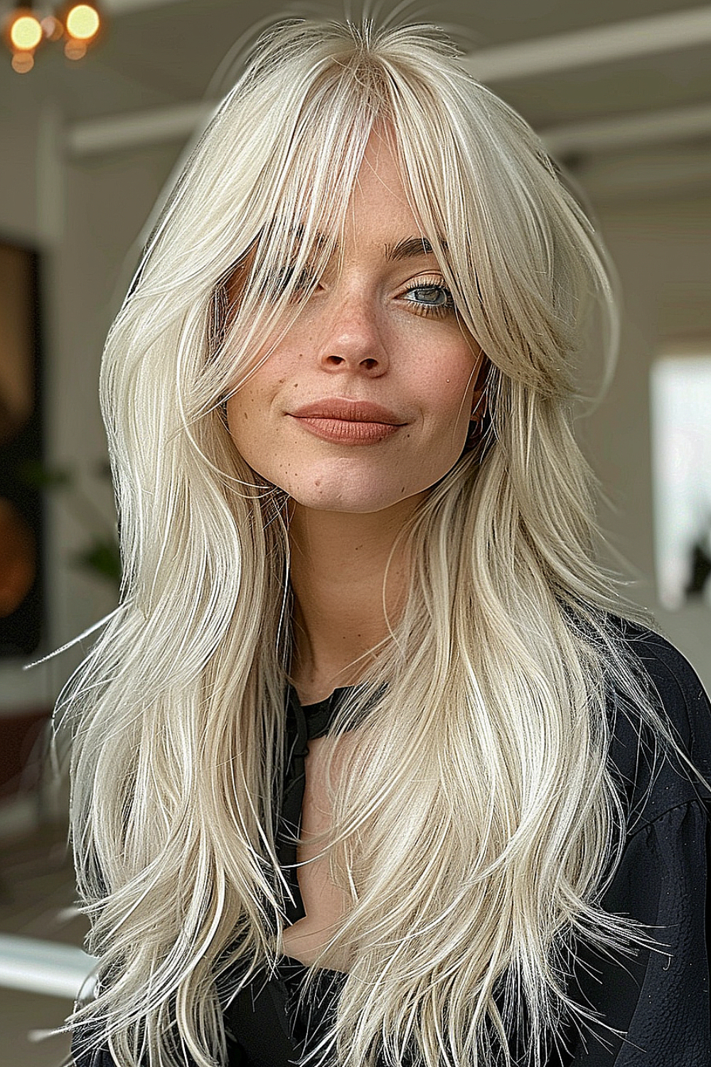 Platinum blonde long shag with feathered ends