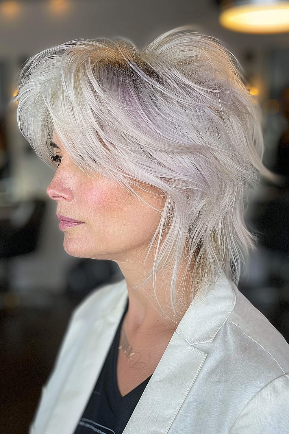 Woman with a platinum blonde shaggy bob featuring feathered ends and subtle lavender tones