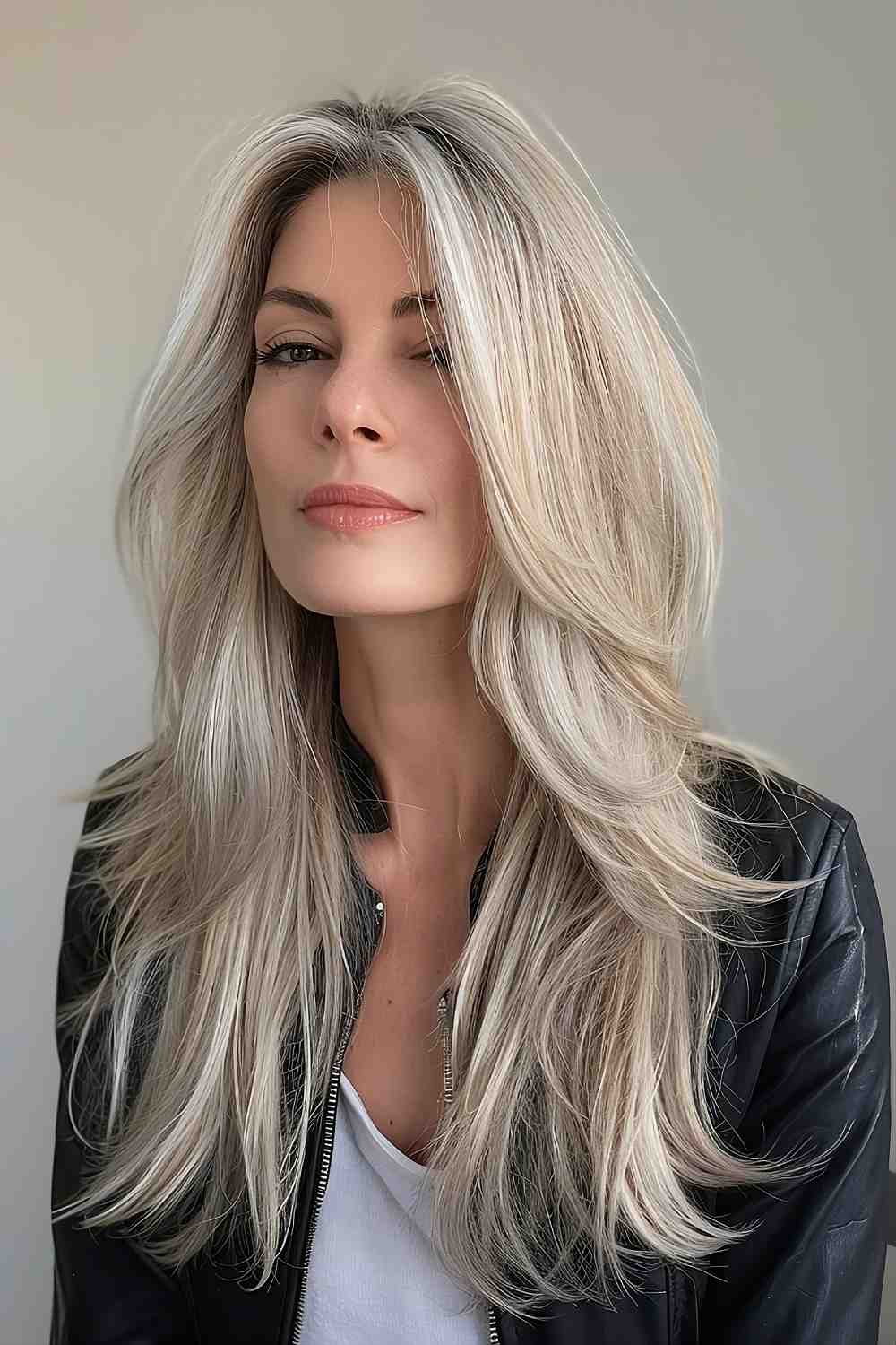 Platinum blonde with face-framing layers