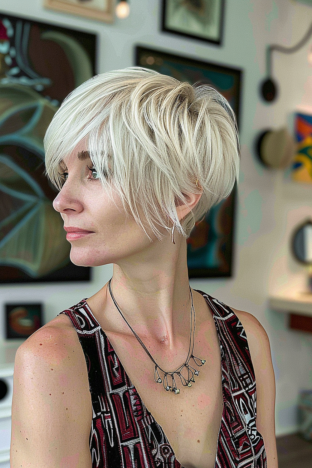 Woman with a platinum pixie-bob haircut and feathered texture