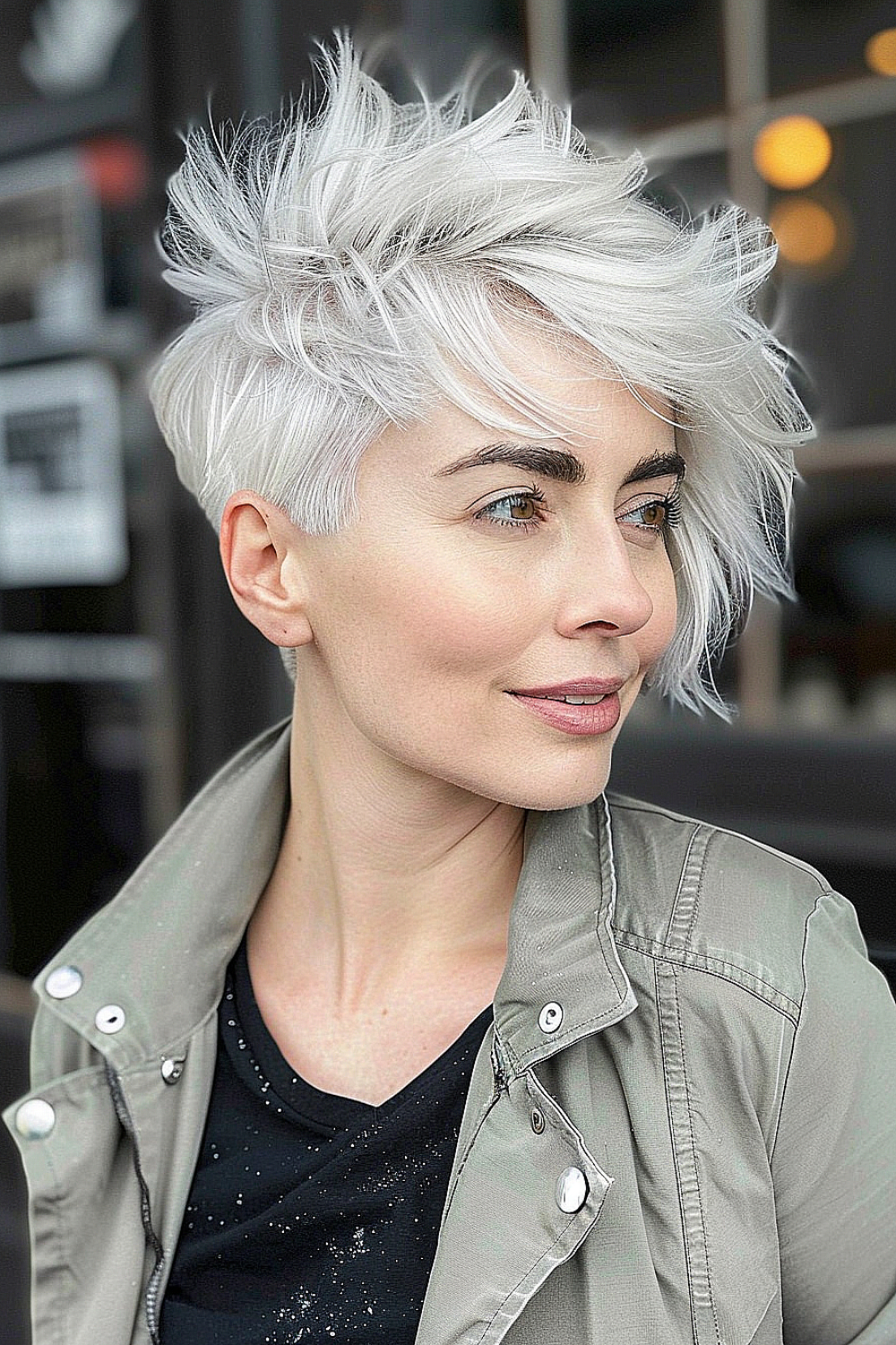 Platinum tousled pixie cut with asymmetrical layers