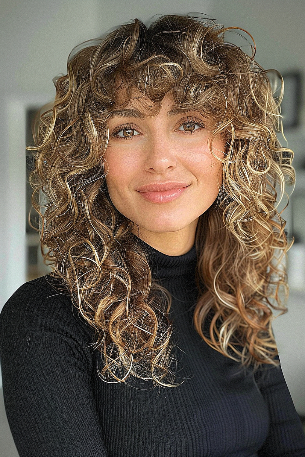 Playful curly bangs on long layers