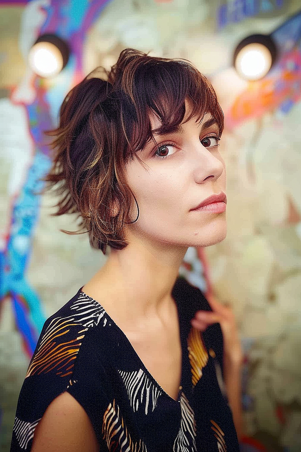 Short playful pixie shag haircut with textured layers and a soft fringe