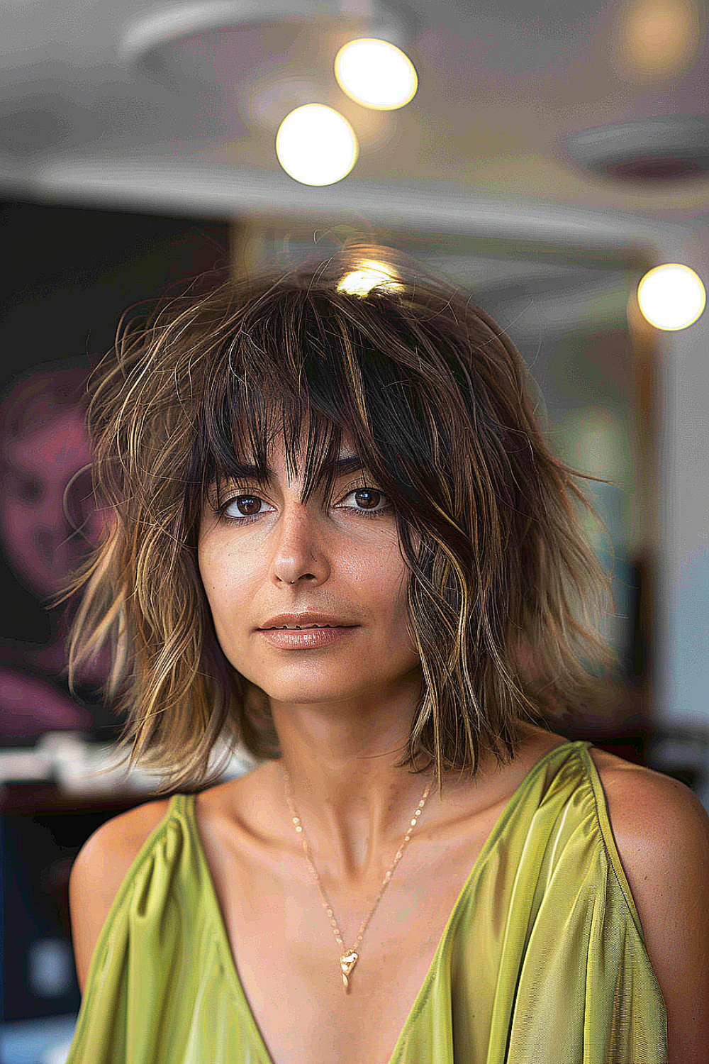 Woman with a playful shag hairstyle featuring choppy layers