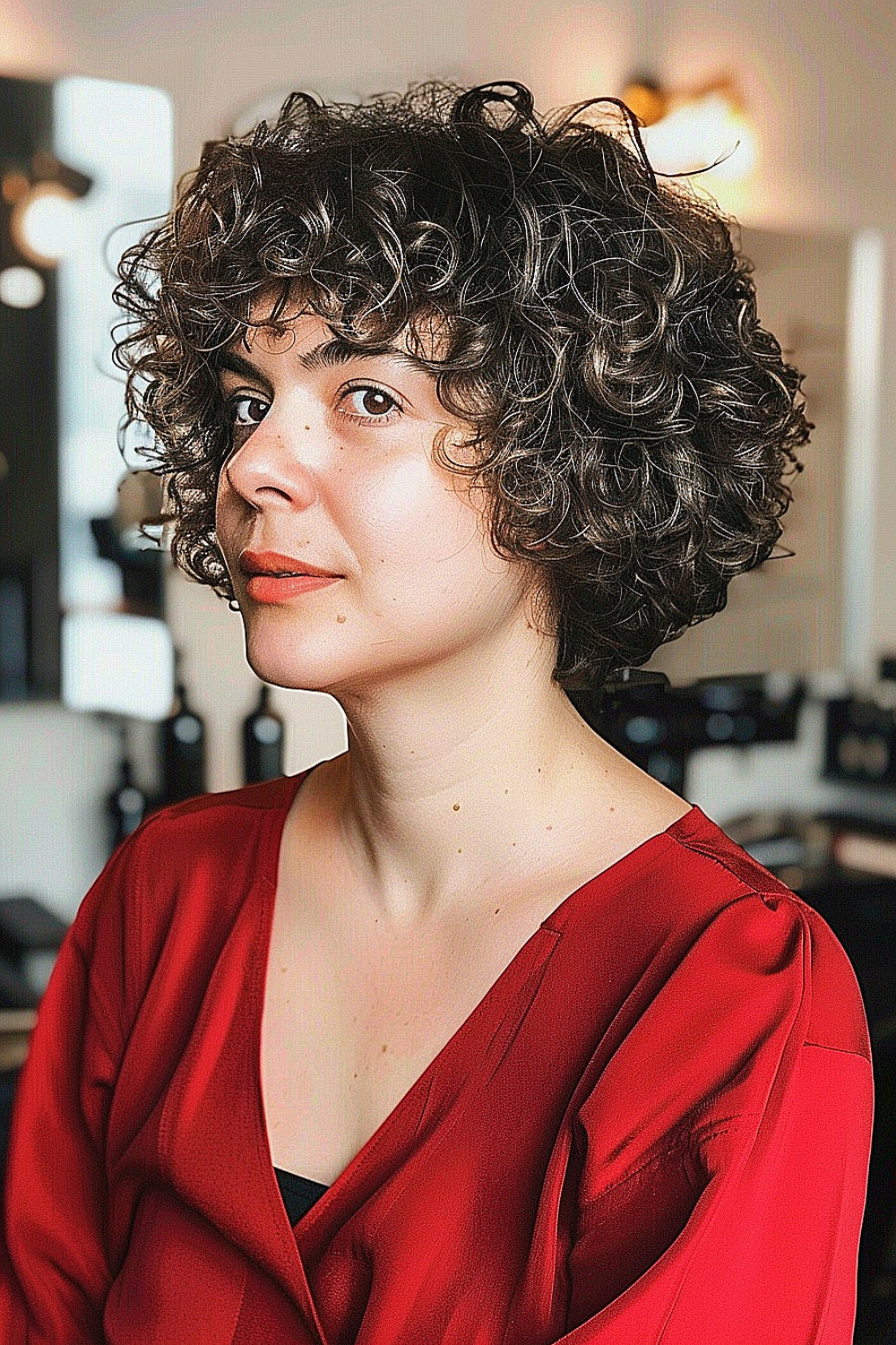 Woman with a short curly bob haircut