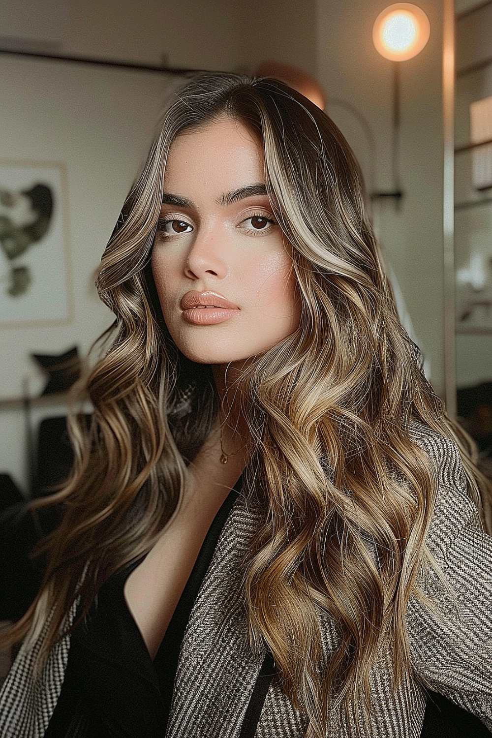 Long hair with polished beach waves and subtle highlights