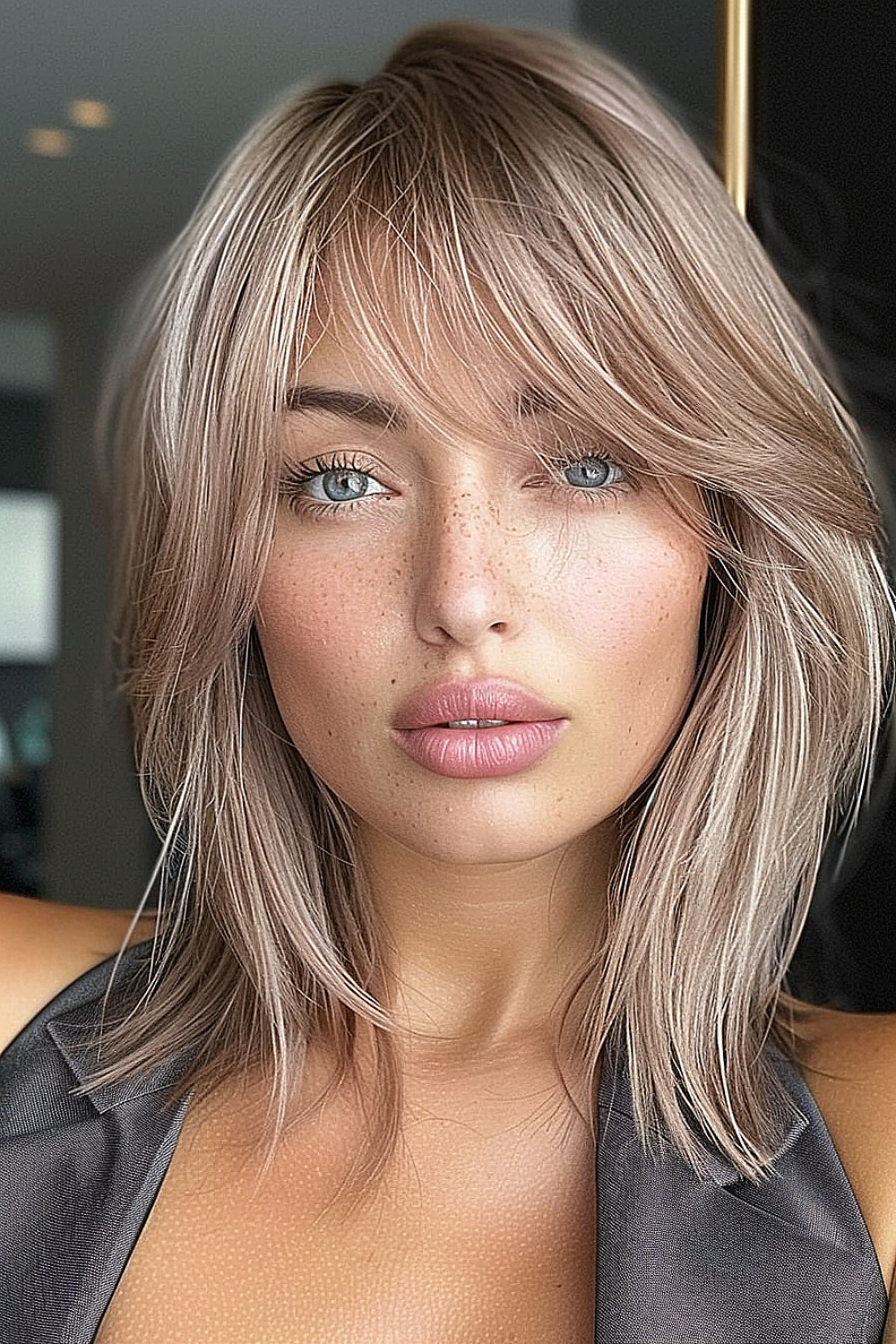 A polished lob with side bangs in ash blonde tones, offering a chic and sophisticated hairstyle