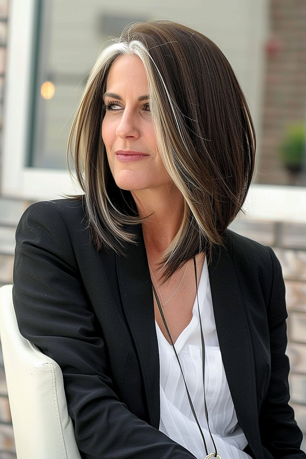 Medium-length bob with graduated layers and silver balayage on a woman