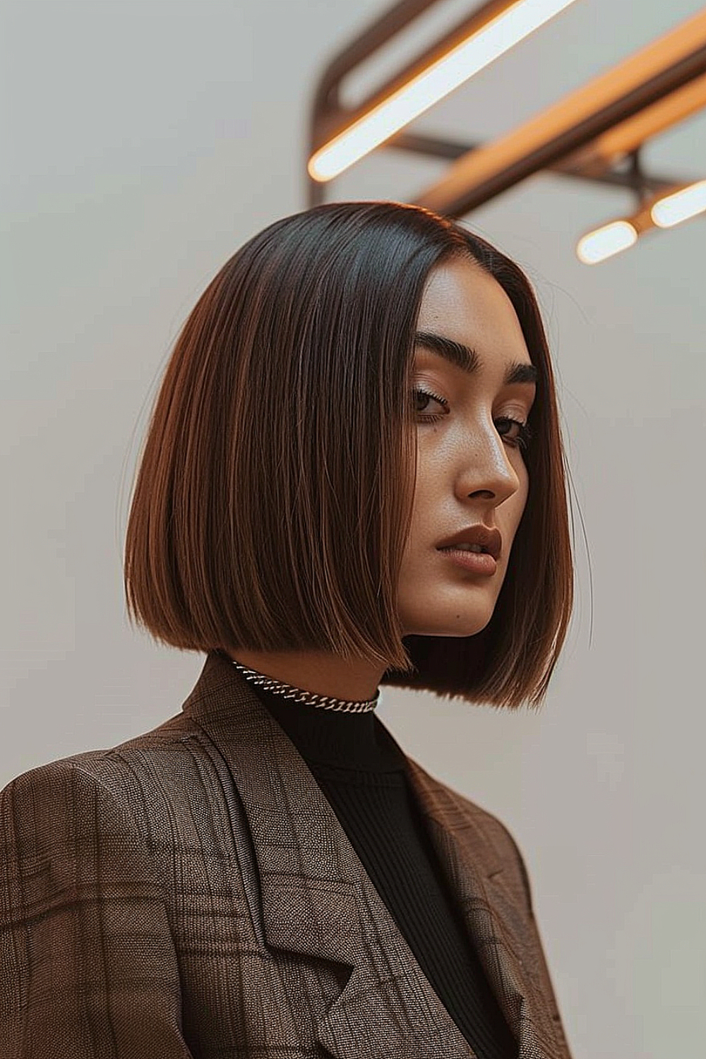 Precision cut bob with sleek, straight hair and clean lines