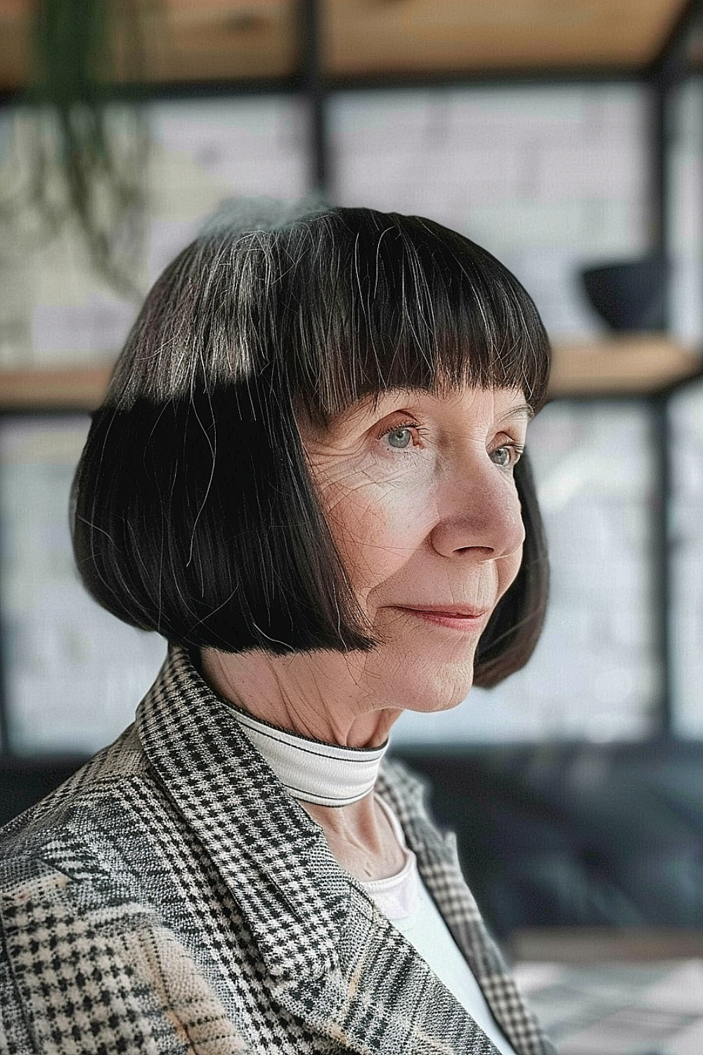 A woman with a precise, structured bob haircut and neat full bangs, featuring dark hair with grey accents