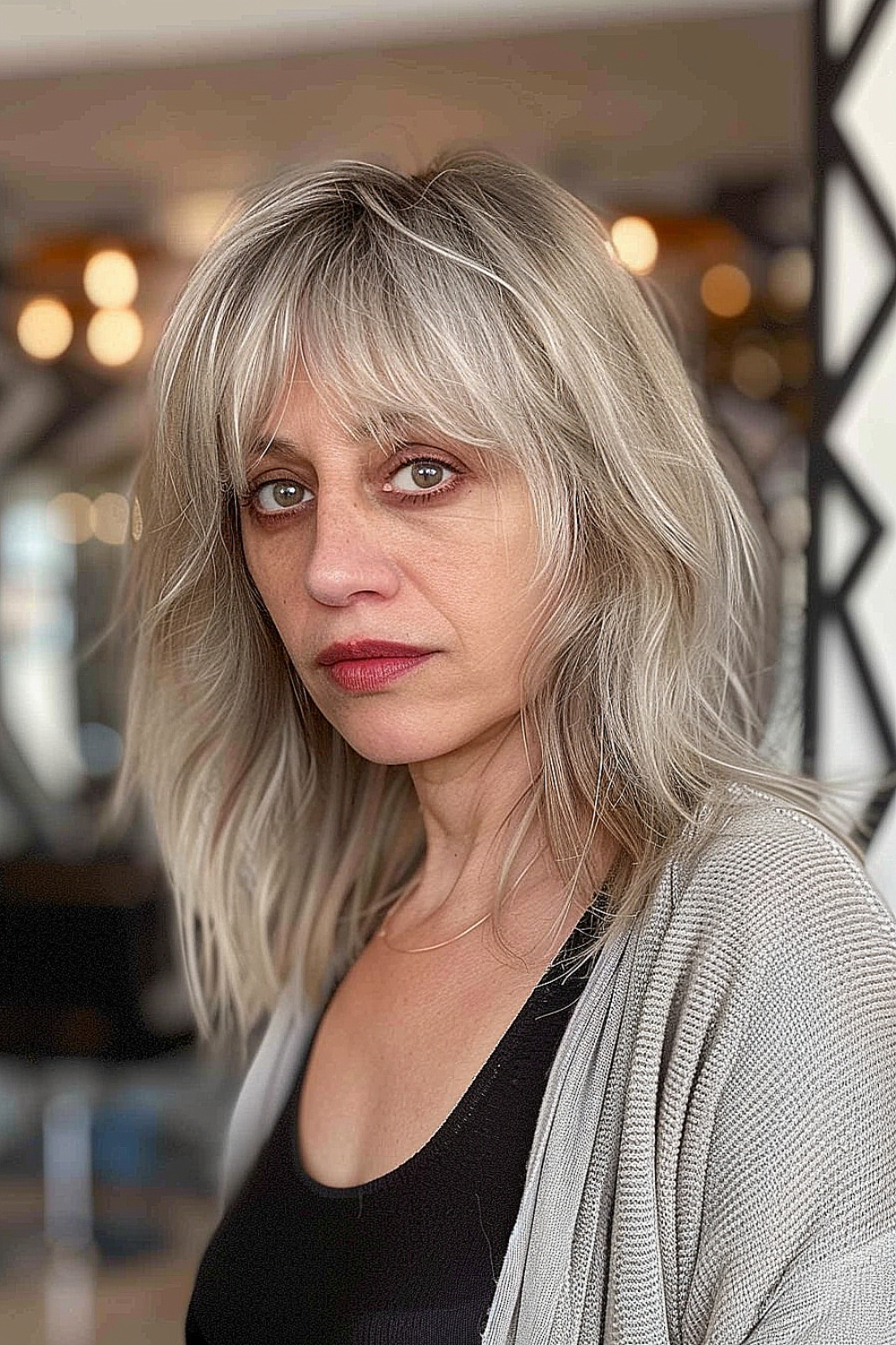 Woman with a razor cut hairstyle and feathered bangs