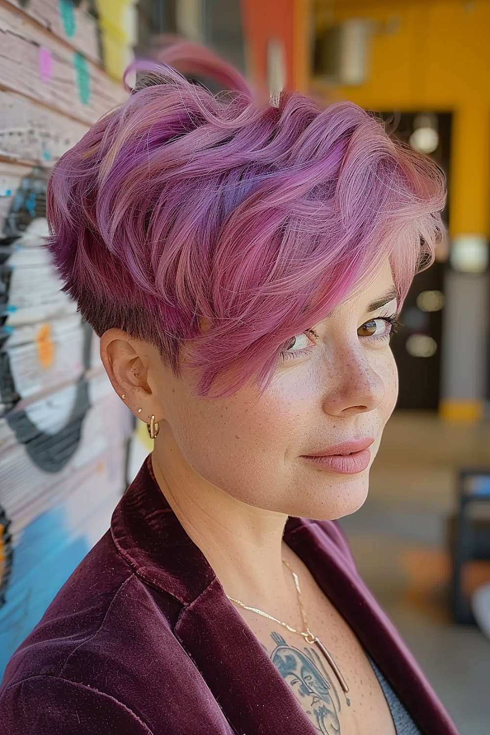 Raspberry swirl layered pixie with voluminous crown