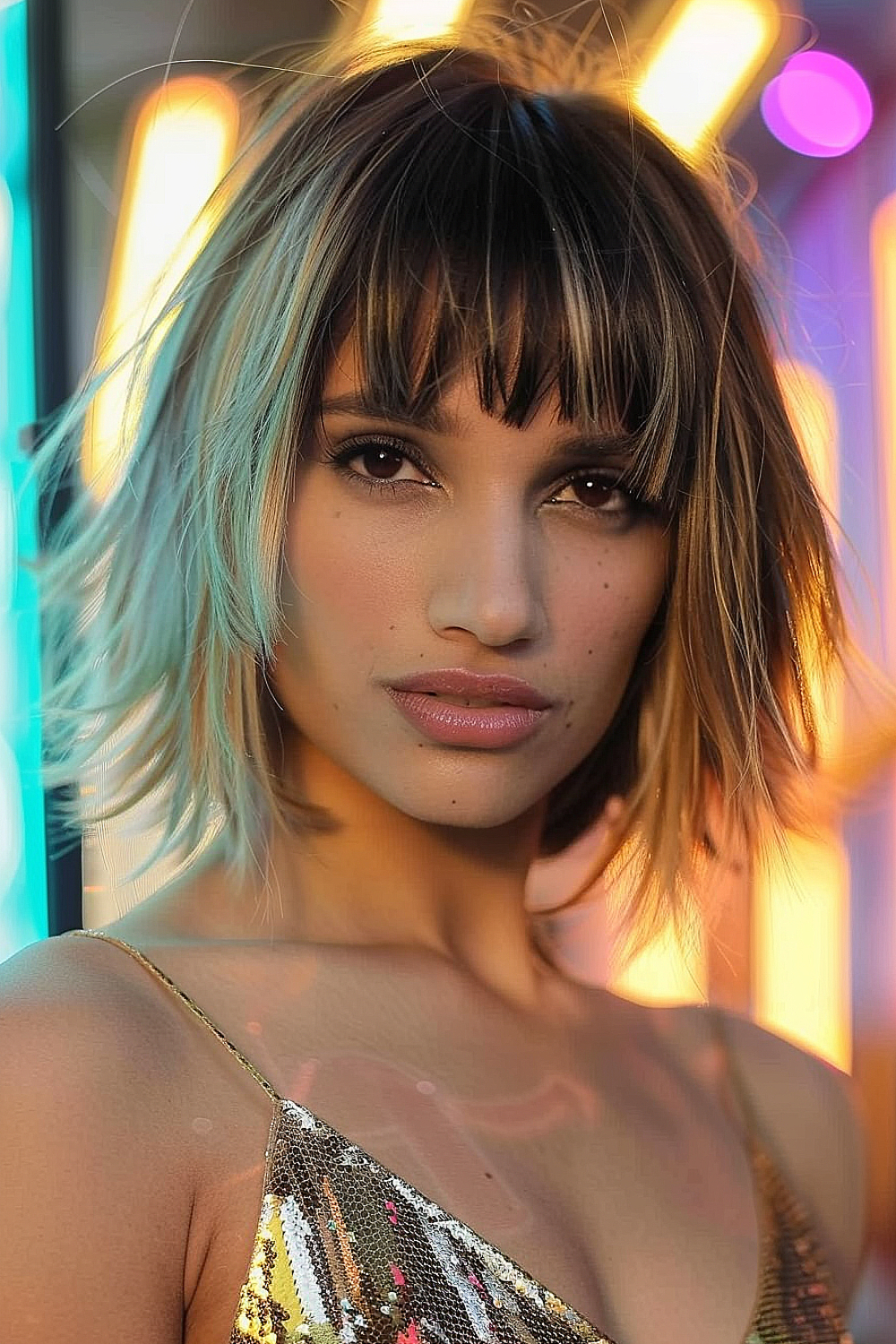 Woman with a razor cut bob and edgy bangs, featuring pastel turquoise highlights