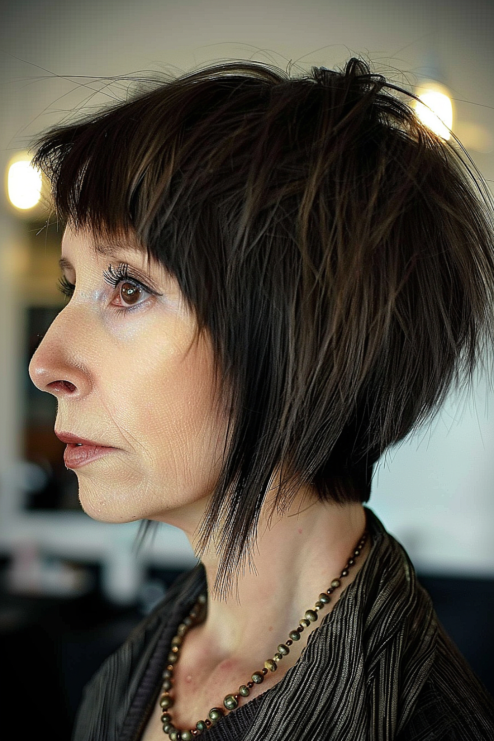 Woman with an espresso-colored, razor-cut bob with edgy, textured layers