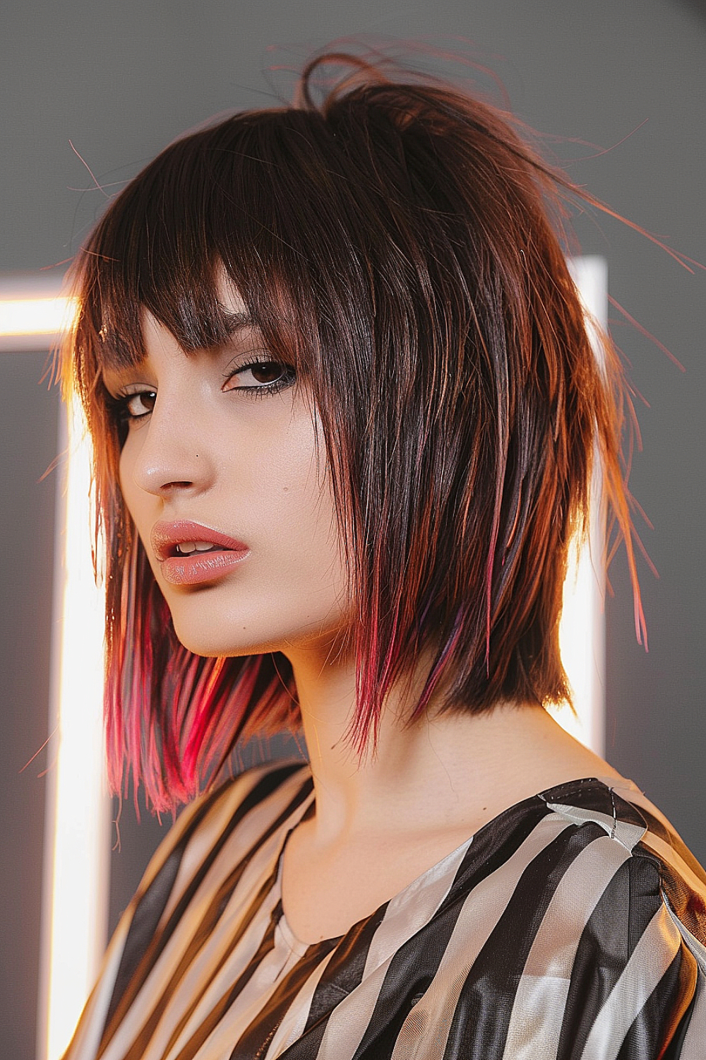 Razor cut bob with edgy fringe and vibrant pink highlights