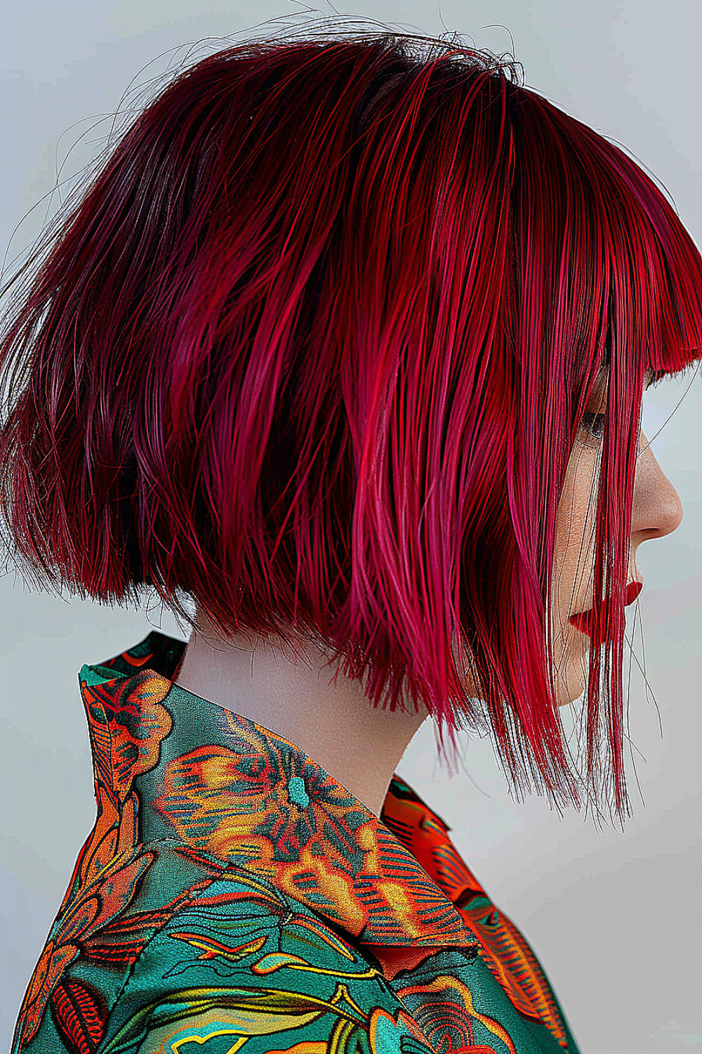 Razor cut bob with intense red tones and sleek texture